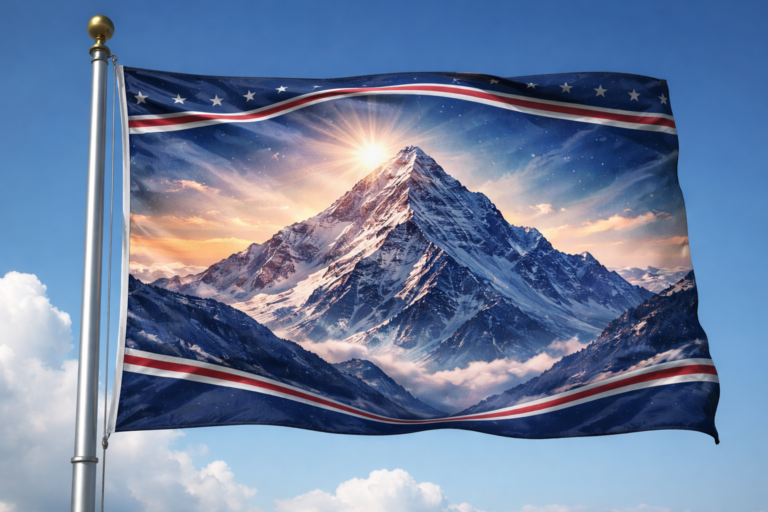 Everest themed flag at sunrise