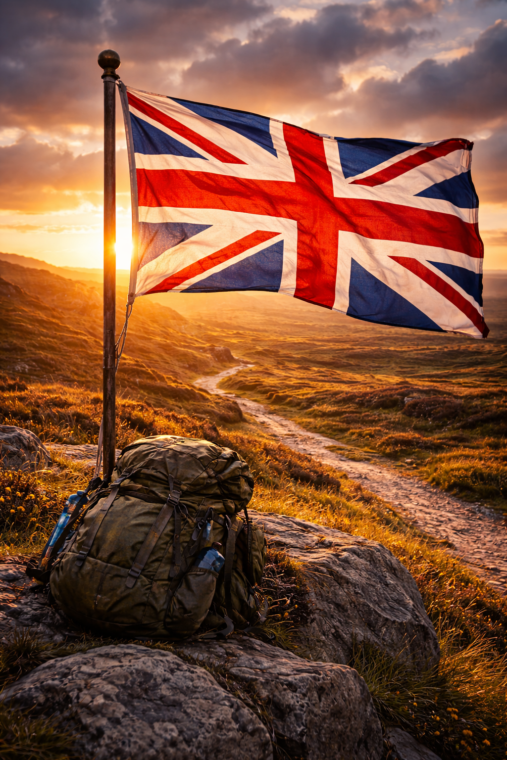 Union flag at sunset on a trail