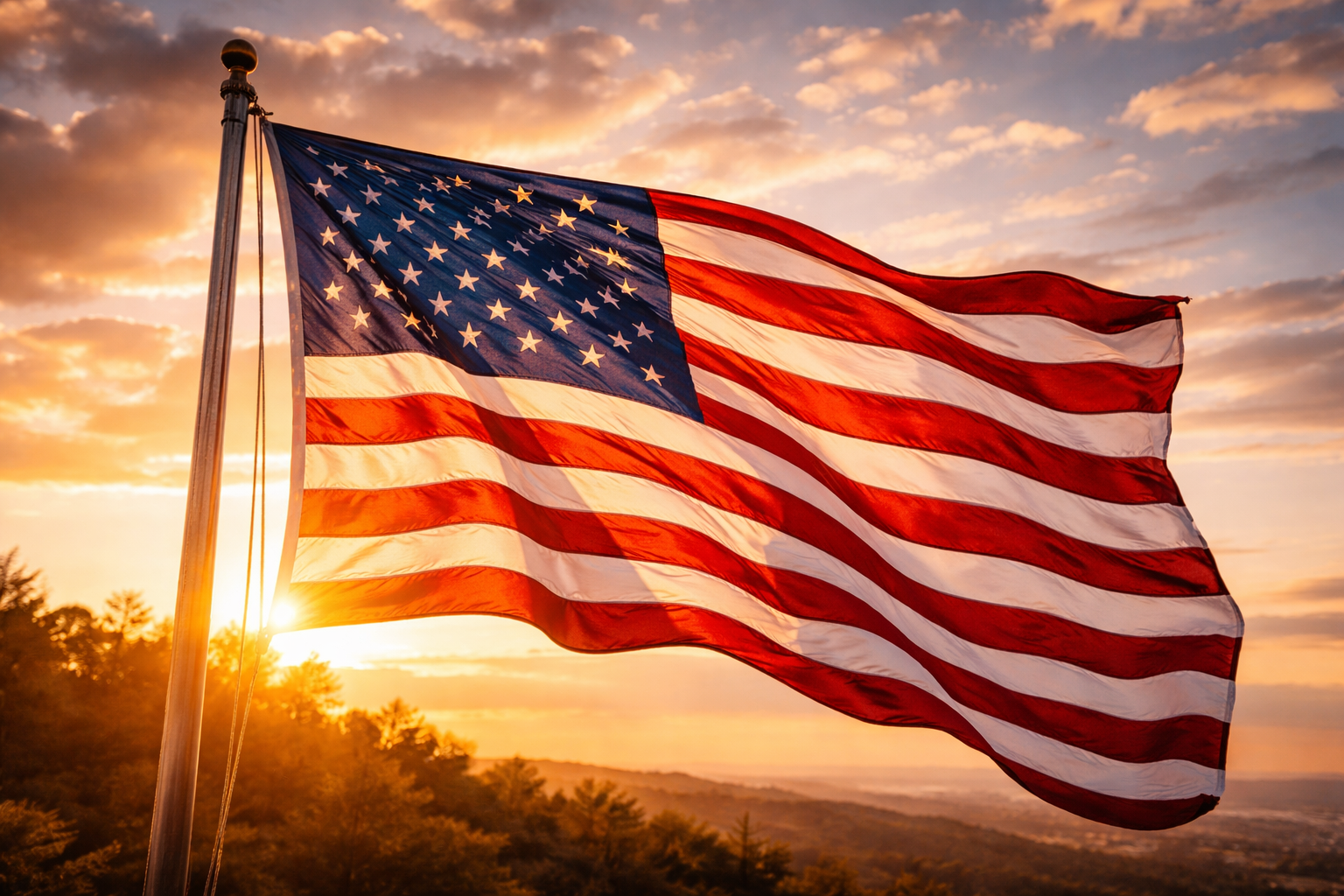 American flag at sunset